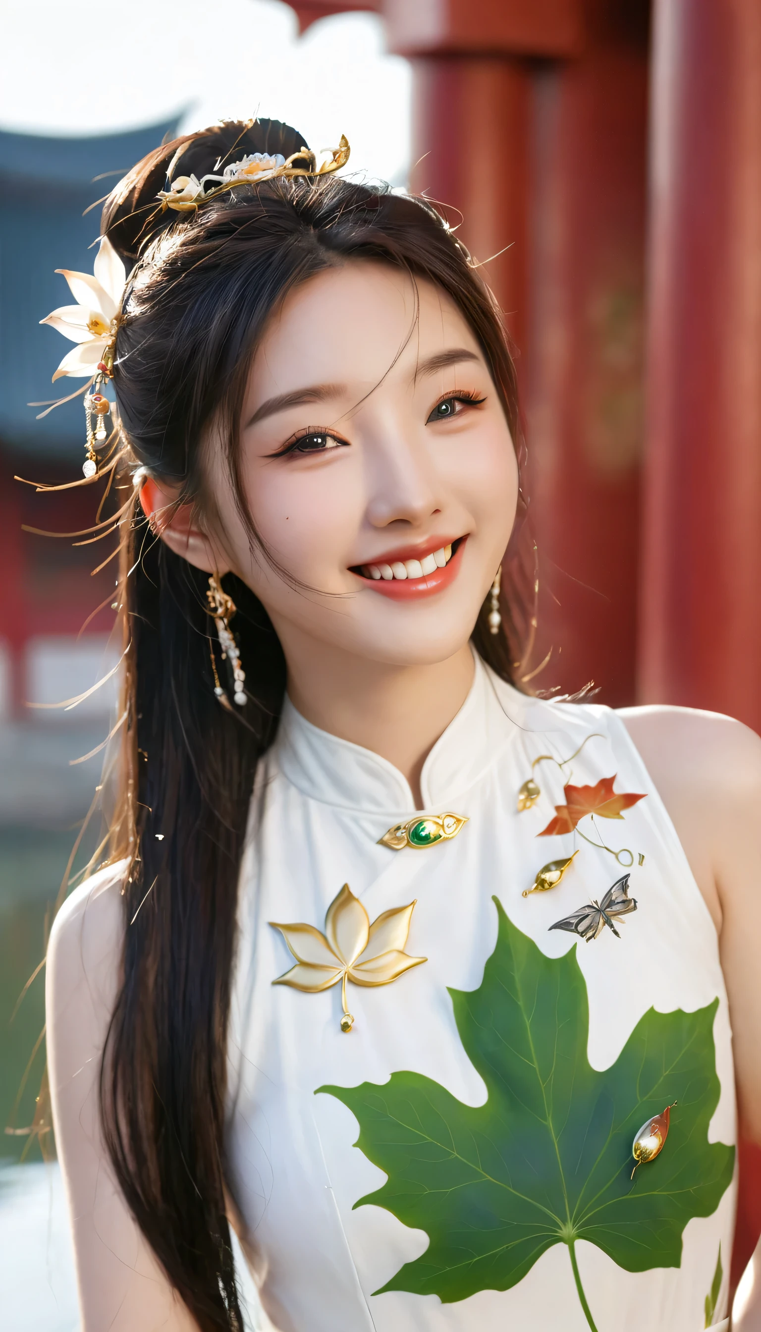 Best Quality, Masterpiece, Ultra High Resolution, (Realistic: 1.4), Xiuxian, Smiling, Shy, Belly Button, Delicate Makeup, Gorgeous Jewelry, Horse Face Dress, Detail Face,, 1 girl, white clothes, lotus print, maple leaf print, solo, weapon, (magic circle: 1.2), Xiuxian, upper body, beautiful girl, half-body, East Asian architecture, sheath, construction,