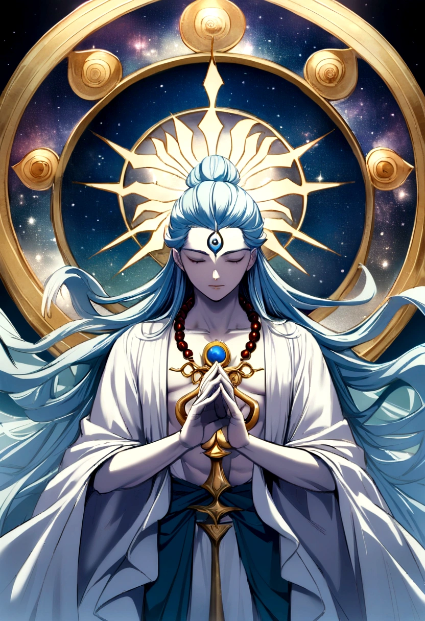 Shiva, the Destroyer and Transformer, manifests with a divine presence that balances both fierce power and serene grace. Draped in celestial blue robes that flow like cascading waterfalls, adorned with strands of sacred rudraksha beads and serpents coiled around his neck and arms, Shiva exudes an aura of transcendence and cosmic energy. His skin, pale like moonlight, contrasts with his third eye, a symbol of his inner fire and wisdom, which occasionally glows with the intensity of a thousand suns.
Shiva's long, flowing locks of hair are tied in a topknot from which cascades the river Ganges, symbolizing purity and divine grace. In his four hands, he holds the trishula (trident), symbolizing the three aspects of existence — creation, preservation, and destruction — and a damaru (drum) that beats the rhythm of the universe's creation and dissolution. His other hands gesture in mudras (hand gestures) of blessing and protection, embodying his role as both the destroyer of evil and the protector of devotees.
Surrounded by a halo of cosmic energy, Shiva stands upon a lotus throne, his presence both commanding and tranquil, representing the ultimate union of opposites — destruction and creation, asceticism and indulgence, power and compassion. Shiva is revered as the supreme yogi and the embodiment of cosmic consciousness, transcending the bounds of time and space in his eternal dance of creation and destruction