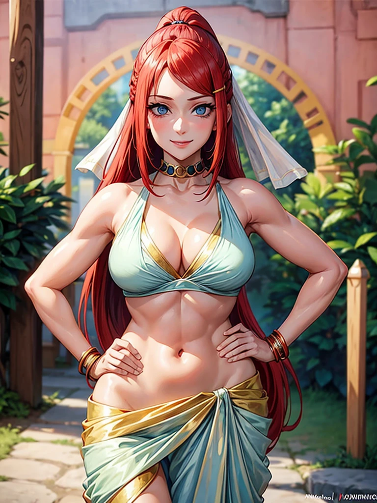 Uzumaki_kushina,Blue eyes, ,bangs,red hair ribbon, ponytail,
1 girl, 20yo,Young female,Beautiful long legs,Beautiful body,
Beautiful Nose,Beautiful character design, perfect eyes, perfect face,expressive eyes,perfect balance, cleavage,navel,bellybutton
,wearing indian Saree, standing ,  smiling playfully with a mischievous glint in her eyes. She looks up at the viewer,  The light casts a warm glow on her skin, highlighting her toned physique.  ,navel, cleavage, bellybutton 