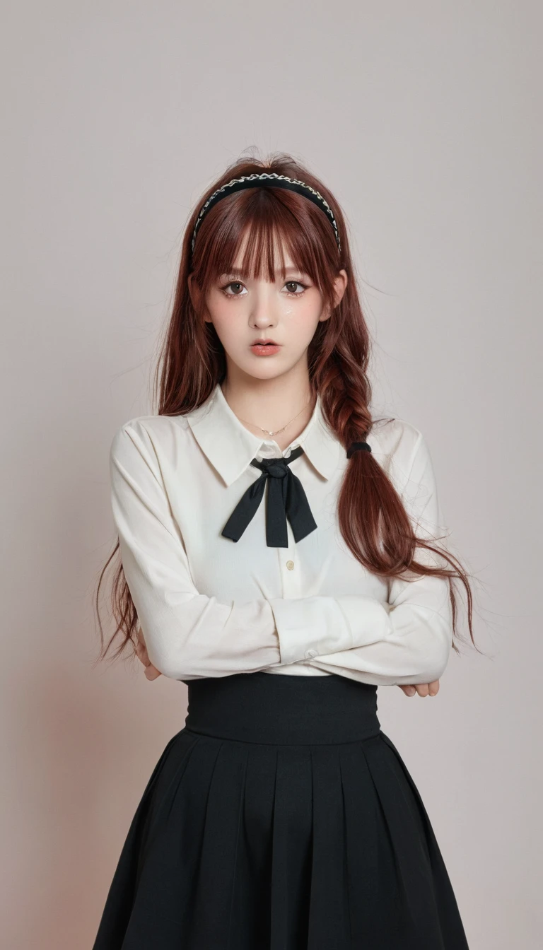 eris greyrat, 1girl, solo, long hair, ahoge, red eyes, red hair, bare shoulders,hairband, crossed arms,blush, skirt, black hairband, breasts, detached sleeves,bangs, hair between eyes, long sleeves, hair flaps, closed mouth, black skirt, brown skirt, shirt, crossed bangs, very long hair, white shirt,biwm,pointing at self,shouting,angry, 