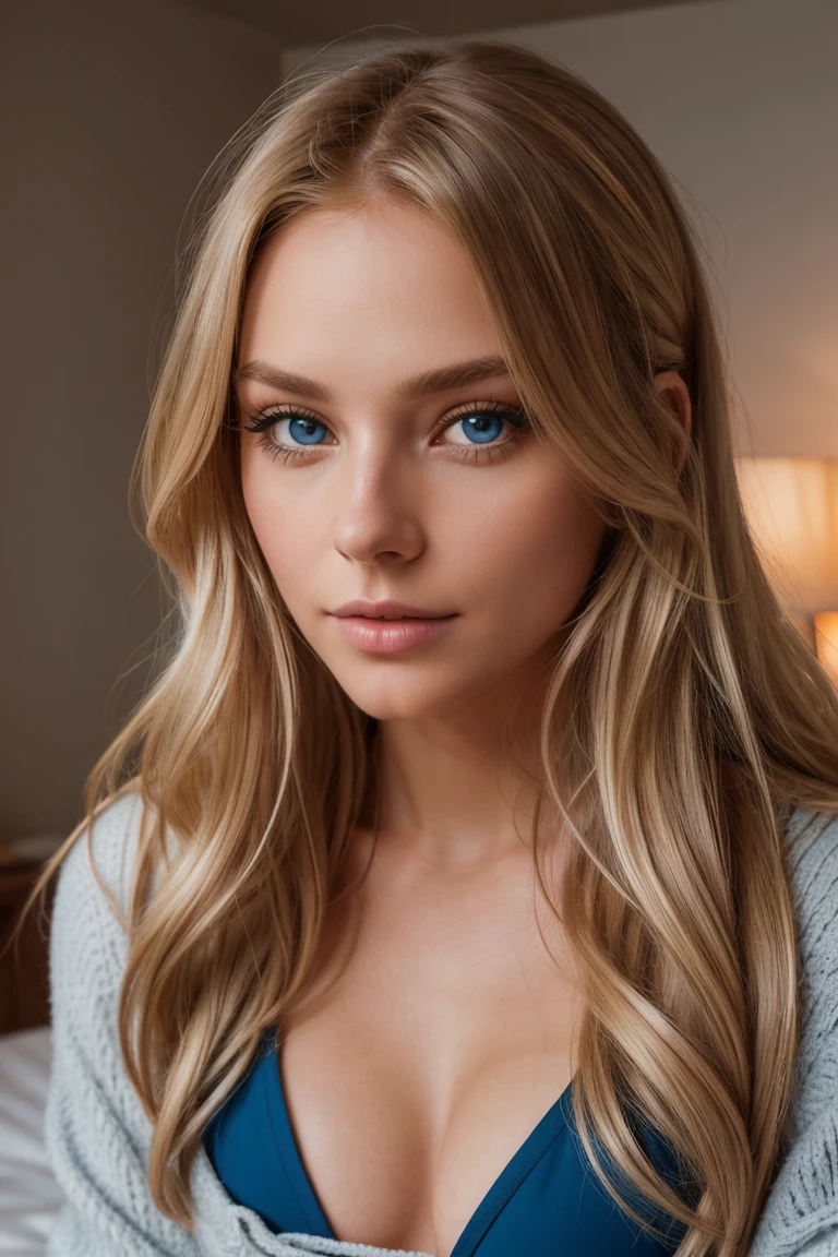 professional portrait photograph of a gorgeous Norwegian girl in winter clothing with long wavy blonde hair,blue eye, sultry flirty look, gorgeous symmetrical face, cute natural makeup, wearing bikini,in bed, ultra realistic, concept art, elegant, highly detailed, intricate, sharp focus, depth of field, f/1. 8, 85mm, medium shot, mid shot, (((professionally color graded))), bright soft diffused light, (volumetric fog), trending on instagram, hdr 4k, 8k