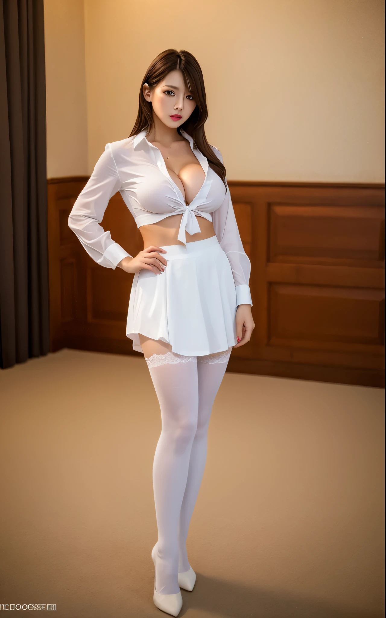 realistic,photorealistic,masterpiece,best quality,dark shot,1girl,large breasts,white pantyhose,White shirt,short skirt,indoors,full_body,, masterpiece, best quality,
