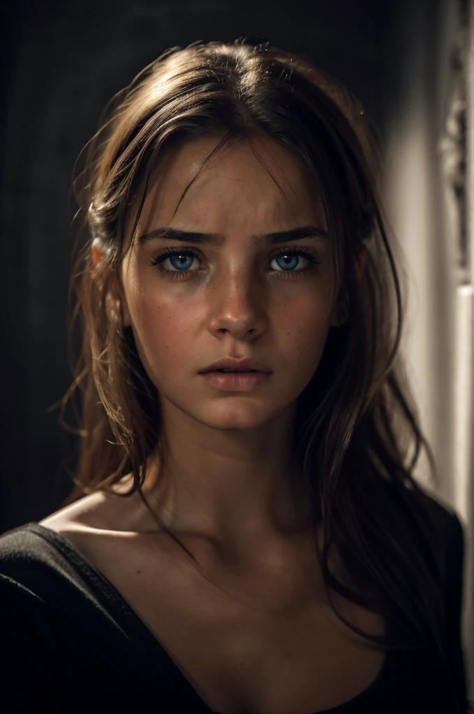 1girl, detailed face, mesmerizing eyes, full lips, light brunette hair, messy hairstyle, terrified expression, scared look, cowering, fearful, anxious, horror, dark atmosphere, dramatic lighting, (best quality,4k,8k,highres,masterpiece:1.2),ultra-detailed,(realistic,photorealistic,photo-realistic:1.37),cinematic,chiaroscuro lighting,moody,dramatic