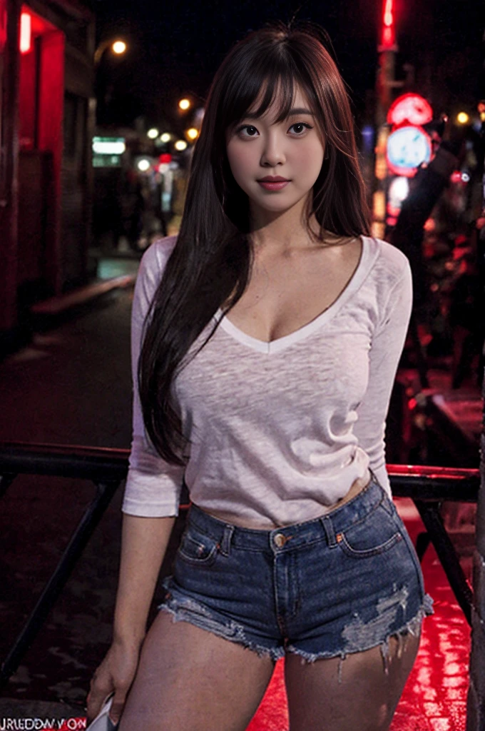 lady, posing seductively to viewer, solo:1, pov, beautiful thick thighs,
red light district background, long hair, 3/4 body, V neck mini hot shorts