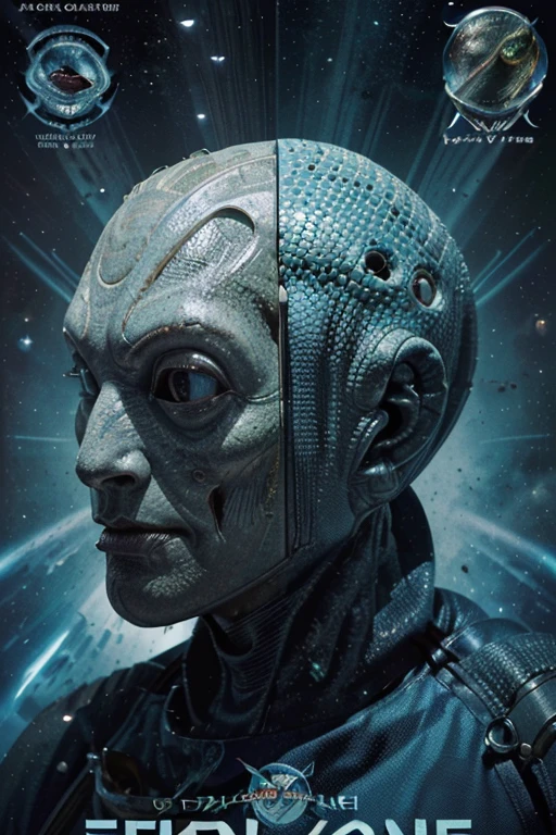 Deluxe edition science fiction magazine cover, ((1 below an alien face of a humanoid has no nose on its face,with lizard-like features and fish-like features, fish mouth, lizard nose, Dragon Eyes)), ((on the right side at the top an astronaut with space suits)) , (((left a face of a captain with a captain&#39;s hat wearing a white and blue uniform he is bearded, plump and chubby))), ((above centered a technological spaceship, in the background a universe and its galaxies)). Text Report on the right in the middle of the magazine cover,  text describing something important in the lower left part of the magazine. 