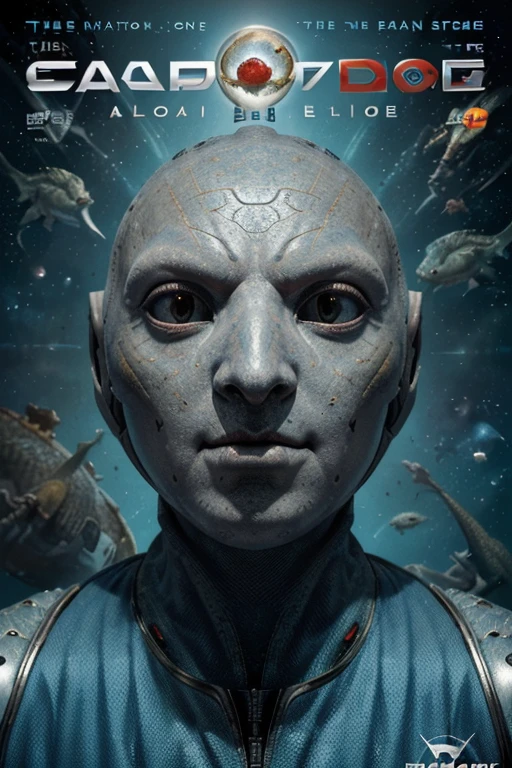 Deluxe edition science fiction magazine cover, ((1 below an alien face of a humanoid has no nose on its face,with lizard-like features and fish-like features, fish mouth, lizard nose, Dragon Eyes)), ((on the right side at the top an astronaut with space suits)) , (((left a face of a captain with a captain&#39;s hat wearing a white and blue uniform he is bearded, plump and chubby))), ((above centered a technological spaceship, in the background a universe and its galaxies)). Text Report on the right in the middle of the magazine cover,  text describing something important in the lower left part of the magazine. 