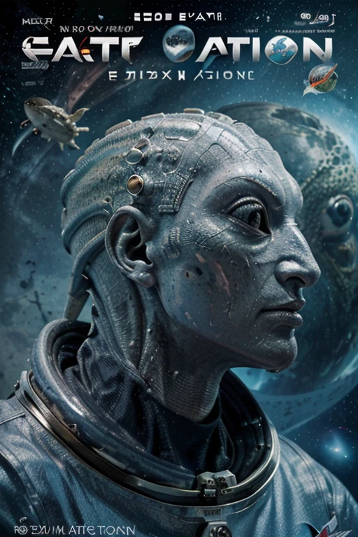 Deluxe edition science fiction magazine cover, ((1 below an alien face of a humanoid has no nose on its face,with lizard-like features and fish-like features, fish mouth, lizard nose, Dragon Eyes)), ((on the right side at the top an astronaut with space suits)) , (((left a face of a captain with a captain&#39;s hat wearing a white and blue uniform he is bearded, plump and chubby))), ((above centered a technological spaceship, in the background a universe and its galaxies)). Text Report on the right in the middle of the magazine cover,  text describing something important in the lower left part of the magazine. 