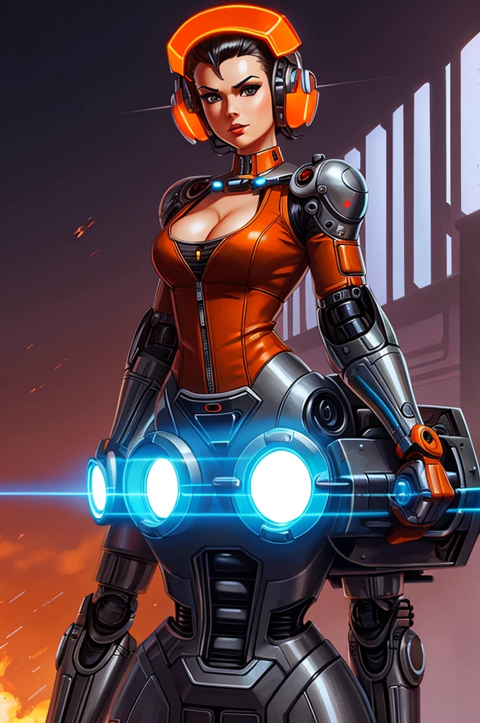 gorgeous female mechanic, atompunk, blank background, retro-futurism, mechanical hand, cybernetic augments, orange jumpsuit, gunmetal grey, cleavage
