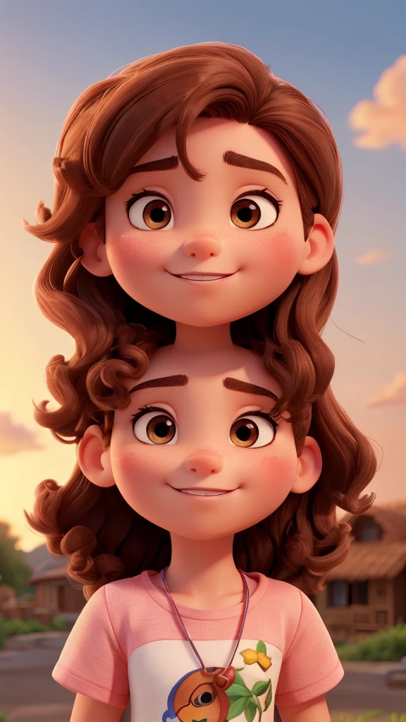 Create a Disney pixar style image.
Detailed Description:
first-person (To the left):
- **body hair**: The first person has long, curly reddish-brown hair., almost redheads. Curls are well defined and voluminous, falling to his shoulders.
- **muka**: The face is oval, with delicate and well-defined strokes. The skin is clear and without visible marks.
- **eyeballs**: The eyes are big and brown, with thin, arched eyebrows that complement the shape of the face well.
- **nase**: The nose is small and delicate, proportional to the face.
- **gura**: The mouth is small with thin lips, forming a wide smile that shows white, aligned teeth.
- **vestimentas**: She is wearing a light pink blouse with a small fruit print. (probably peaches) and a light green dress on top, with wide straps and a bow on the left shoulder.
#### second person (on the right):
- **body hair**: The second person has short, curly black hair.. The cut is well defined, with a length slightly longer at the top and shorter on the sides.
- **muka**: The face is more square, with a well-marked jaw. The skin is light brown and also without visible marks. he has a beard and black hair - **eyeballs**: The eyes are medium size and dark brown, with thick, straight eyebrows that give a more serious and expressive look to the face.
- **nase**: The nose is straight and medium in size, proportional to the face.
- **gura**: The mouth is of medium size, with full, well-shaped lips. He's smiling too, showing white, straight teeth.
- **vestimentas**: He is wearing a beige t-shirt with a colorful print of tropical flowers and green foliage., orange and white.
### Additional Observations:
- **Environment and Lighting**: The photo was taken outdoors, probably at dusk, with direct sunlight that highlights the hair and faces of the two people, creating soft shadows and warm lighting.