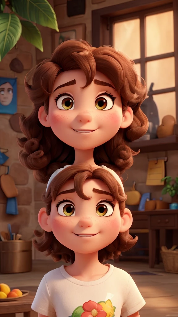 Create a Disney pixar style image.
Detailed Description:
first-person (To the left):
- **body hair**: The first person has long, curly reddish-brown hair., almost redheads. Curls are well defined and voluminous, falling to his shoulders.
- **muka**: The face is oval, with delicate and well-defined strokes. The skin is clear and without visible marks.
- **eyeballs**: The eyes are big and brown, with thin, arched eyebrows that complement the shape of the face well.
- **nase**: The nose is small and delicate, proportional to the face.
- **gura**: The mouth is small with thin lips, forming a wide smile that shows white, aligned teeth.
- **vestimentas**: She is wearing a light pink blouse with a small fruit print. (probably peaches) and a light green dress on top, with wide straps and a bow on the left shoulder.
#### second person (on the right):
- **body hair**: The second person has short, curly black hair.. The cut is well defined, with a length slightly longer at the top and shorter on the sides.
- **muka**: The face is more square, with a well-marked jaw. The skin is light brown and also without visible marks. he has a beard and black hair - **eyeballs**: The eyes are medium size and dark brown, with thick, straight eyebrows that give a more serious and expressive look to the face.
- **nase**: The nose is straight and medium in size, proportional to the face.
- **gura**: The mouth is of medium size, with full, well-shaped lips. He's smiling too, showing white, straight teeth.
- **vestimentas**: He is wearing a beige t-shirt with a colorful print of tropical flowers and green foliage., orange and white.
### Additional Observations:
- **Environment and Lighting**: The photo was taken outdoors, probably at dusk, with direct sunlight that highlights the hair and faces of the two people, creating soft shadows and warm lighting.