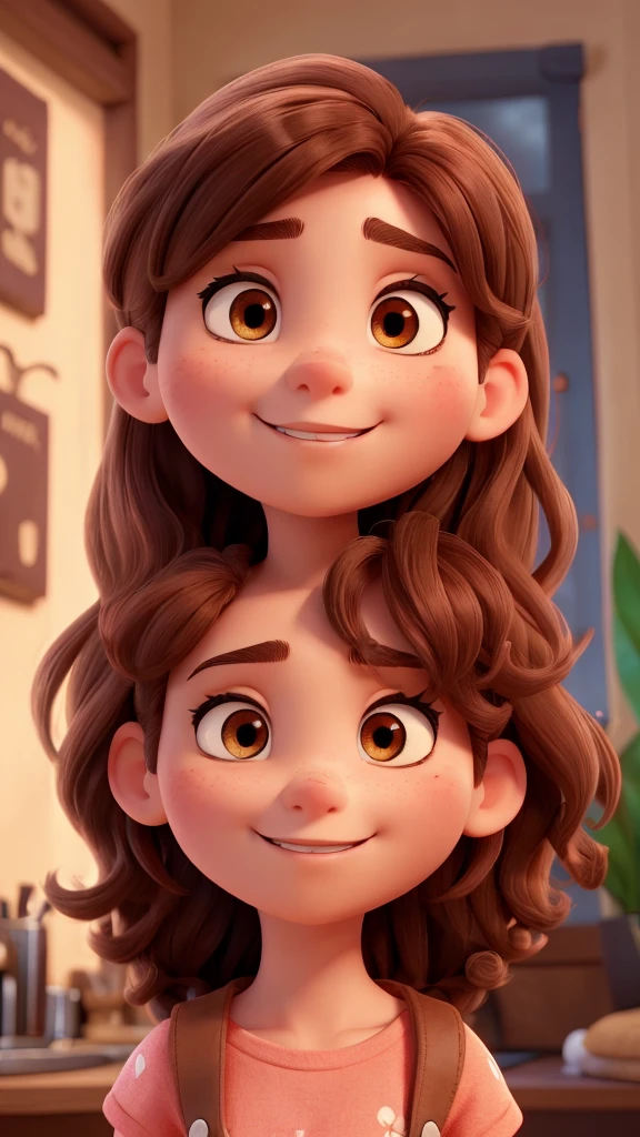 Create a Disney pixar style image.
Detailed Description:
first-person (To the left):
- **body hair**: The first person has long, curly reddish-brown hair., almost redheads. Curls are well defined and voluminous, falling to his shoulders.
- **muka**: The face is oval, with delicate and well-defined strokes. The skin is clear and without visible marks.
- **eyeballs**: The eyes are big and brown, with thin, arched eyebrows that complement the shape of the face well.
- **nase**: The nose is small and delicate, proportional to the face.
- **gura**: The mouth is small with thin lips, forming a wide smile that shows white, aligned teeth.
- **vestimentas**: She is wearing a light pink blouse with a small fruit print. (probably peaches) and a light green dress on top, with wide straps and a bow on the left shoulder.
#### second person (on the right):
- **body hair**: The second person has short, curly black hair.. The cut is well defined, with a length slightly longer at the top and shorter on the sides.
- **muka**: The face is more square, with a well-marked jaw. The skin is light brown and also without visible marks. he has a beard and black hair - **eyeballs**: The eyes are medium size and dark brown, with thick, straight eyebrows that give a more serious and expressive look to the face.
- **nase**: The nose is straight and medium in size, proportional to the face.
- **gura**: The mouth is of medium size, with full, well-shaped lips. He's smiling too, showing white, straight teeth.
- **vestimentas**: He is wearing a beige t-shirt with a colorful print of tropical flowers and green foliage., orange and white.
### Additional Observations:
- **Environment and Lighting**: The photo was taken outdoors, probably at dusk, with direct sunlight that highlights the hair and faces of the two people, creating soft shadows and warm lighting.