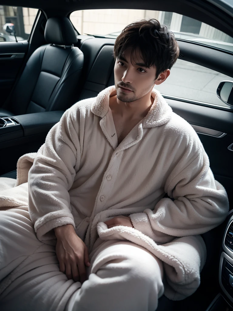 A bed is inside a car and a man wearing pajamas and holding a pillow is looking at it