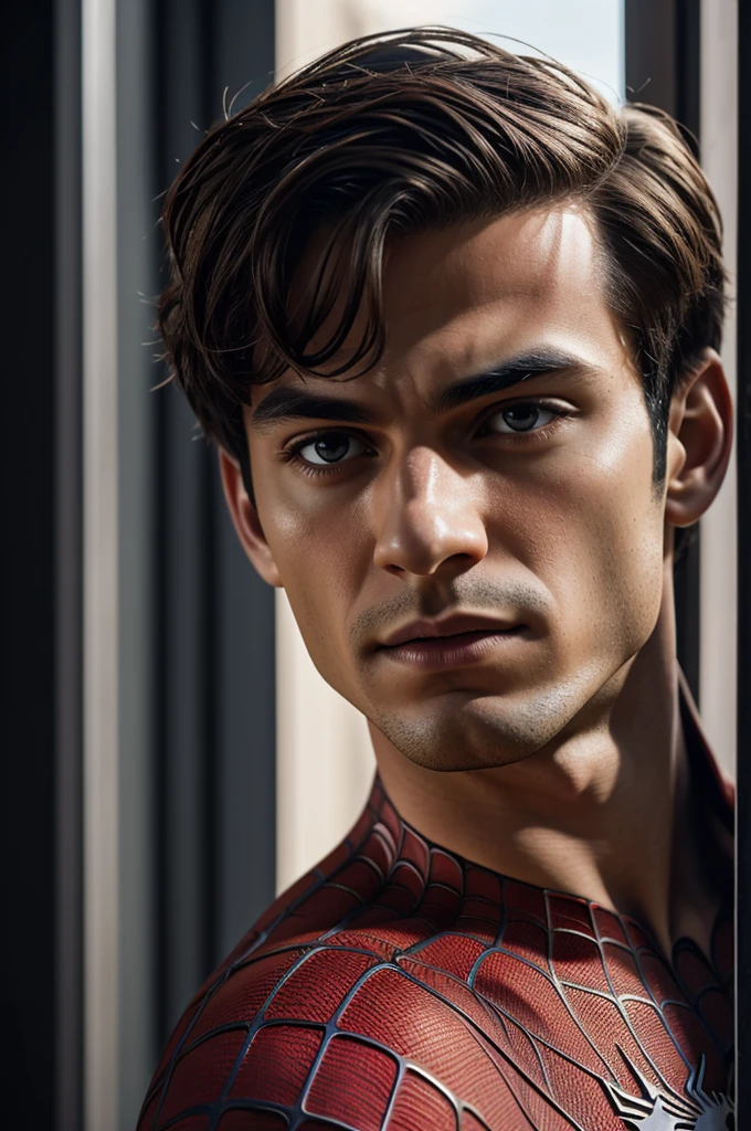 A photograph of Spider-Man., sin mascara, the 20s, elegant, detailed face, looking to the camera, portrait, 8k hd, high quality