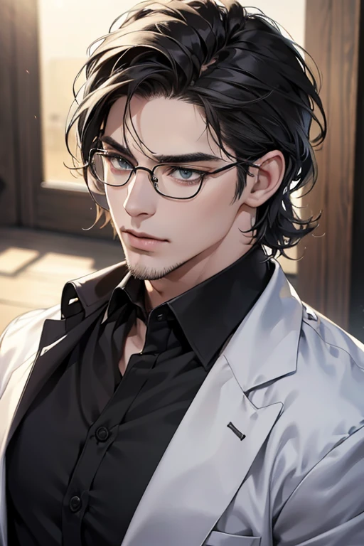 (Best quality,4K,8K,a high resolution,masterpiece:1.2),ultra detailed,(realistic,photorealistic,photo-realistic:1.37),39 year old man,3 day beard,Beautiful anime,portraits,strong,masculine,dark hair,Sharp jawline,Mesmerizing eyes,Perfectly styled hair,cool anime outfit,confident expression,bright colors,dynamic lighting, grey eyes, (black shirt, glasses on face)