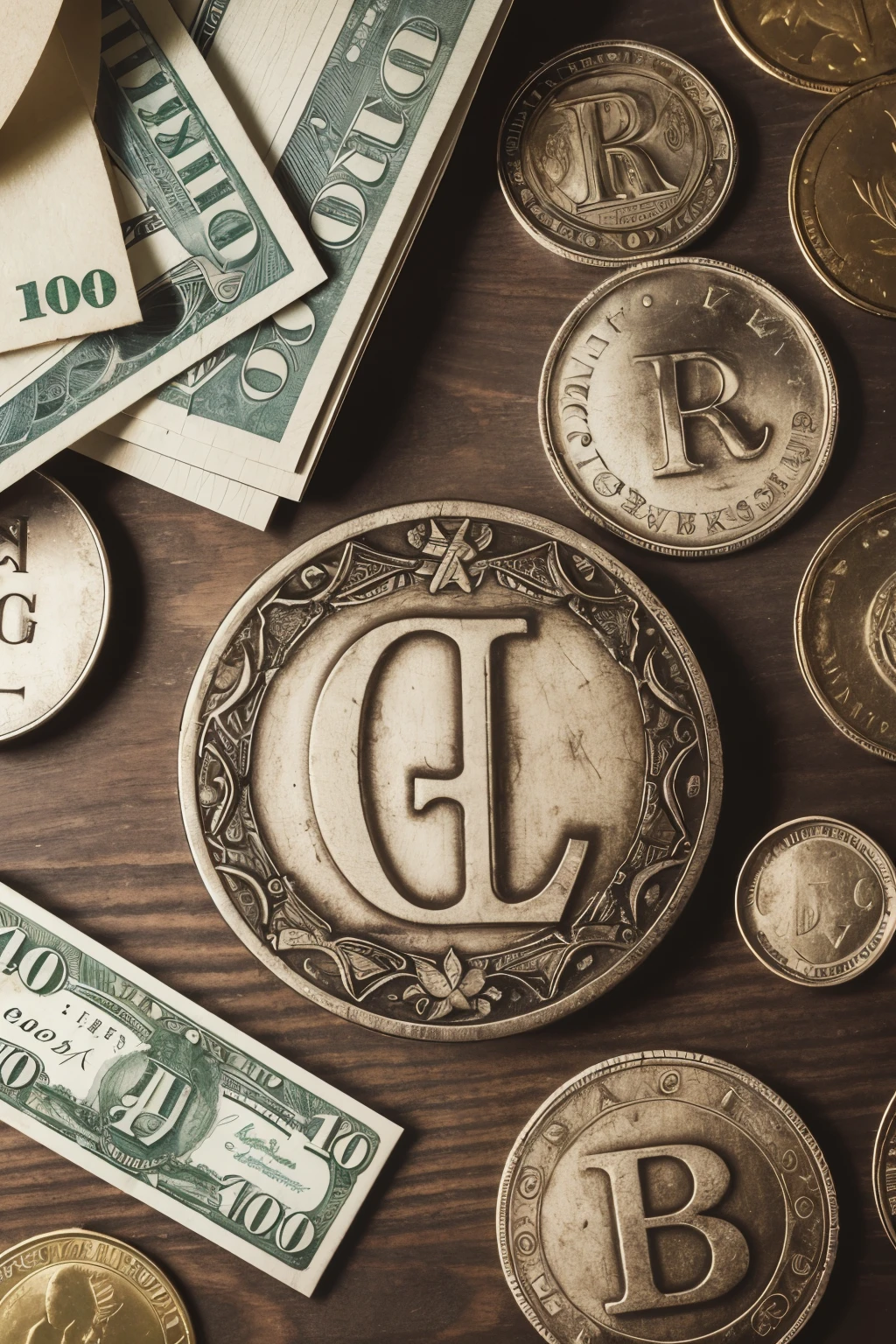 Photo with the letters J and C in the center and a background full of coins and banknotes
