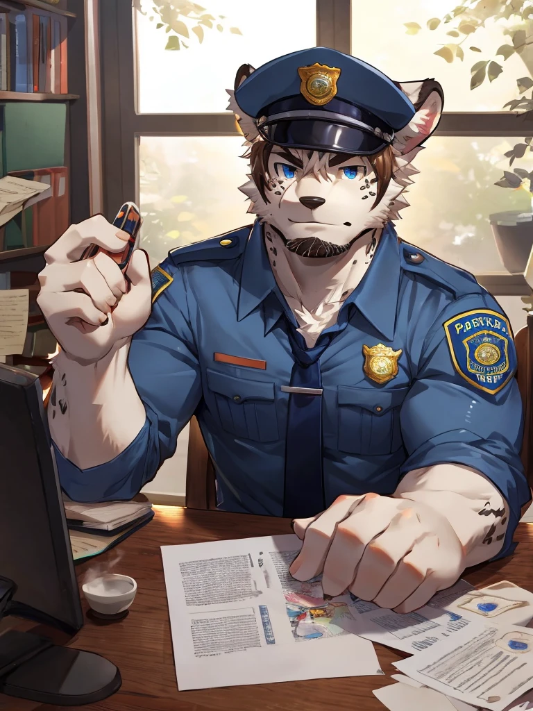 embedding:Leopard,Pale blue eyes,Single Person,Male,Chief,Wearing a police uniform,Wearing a police cap,modern,Eat a doughnut.Sitting in the office,There are papers and coffee cup on the table.Ray tracing,muscle,Serious,Stubble,Maturity,Best quality hands, best quality eye,detailed fur,Delicate eyes.Extreme picture quality,by sollyz,by zixiong,by milkytiger1145