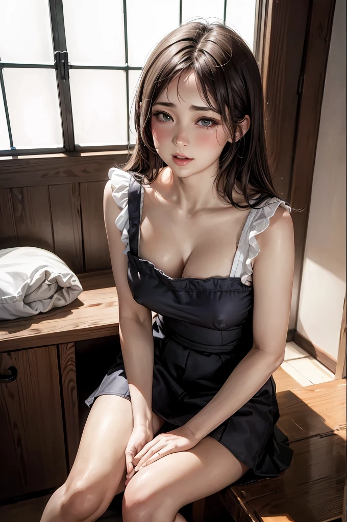 Cute,busty mature women,plump, chubby, fat,realistic skin, realistic breast, saggy breast, nipple out,muted colours, cold lighting, pale white skin, Nude, mature women,black hair, long hair ,sleepy eyes ,beautiful,charm,pubic hair pussy,dense pubic hair, cute shy blush on