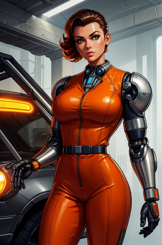 gorgeous mechanic, atompunk, blank background, retro-futurism, mechanical hand, cybernetic augments, orange jumpsuit, gunmetal grey, cleavage