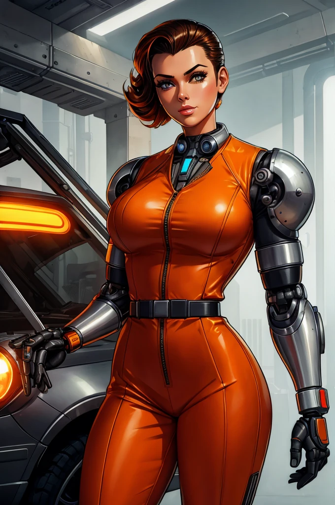 gorgeous mechanic, atompunk, blank background, retro-futurism, mechanical hand, cybernetic augments, orange jumpsuit, gunmetal grey, cleavage