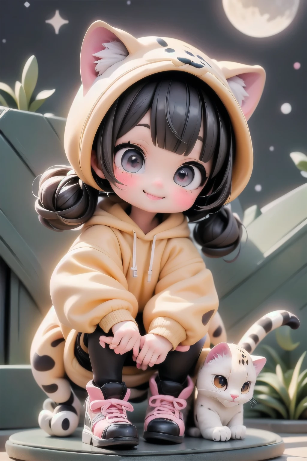 cute chibi girl smiling wearing a (cheetah kigurumi), cheetah girl, pumps, playful pose, location garden at night, garden outdoors, starry sky, moon, angle from below