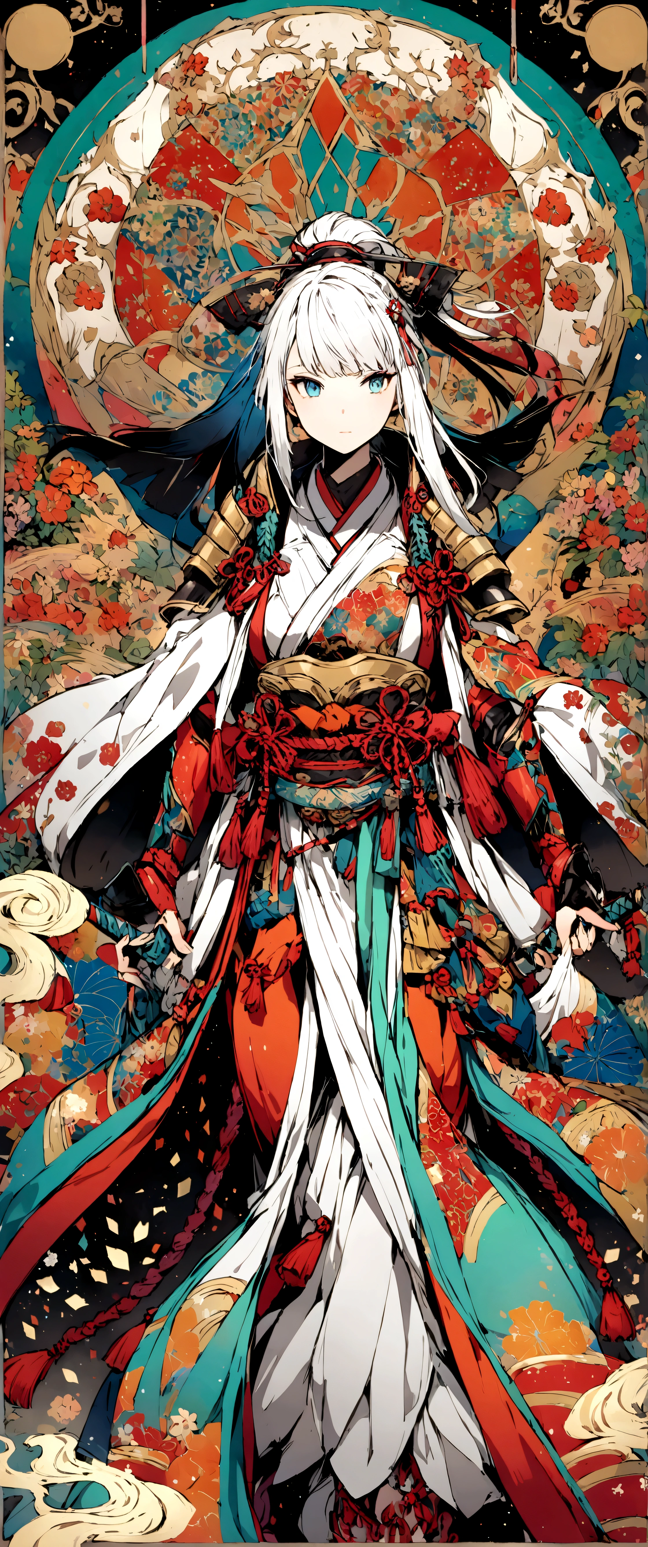 A vibrant and colorful illustration of an anime-style female samurai character with white hair, holding her sword in front of her face. She is wearing traditional Japanese adorned with floral patterns, a backdrop filled with colorful patterns representing ancient symbols and floral motifs. The background is richly detailed with geometric shapes that add depth to their figure's presence., creating a whimsical atmosphere. The background features bold colors and intricate designs that add to the overall visual appeal. This artwork showcases vivid hues, intricateろ details on both attire and armor, capturing movement as she walks forward in the style of intricate details on both attire and armor, capturing movement as she walks forward. --ar 3:4 --niji 6