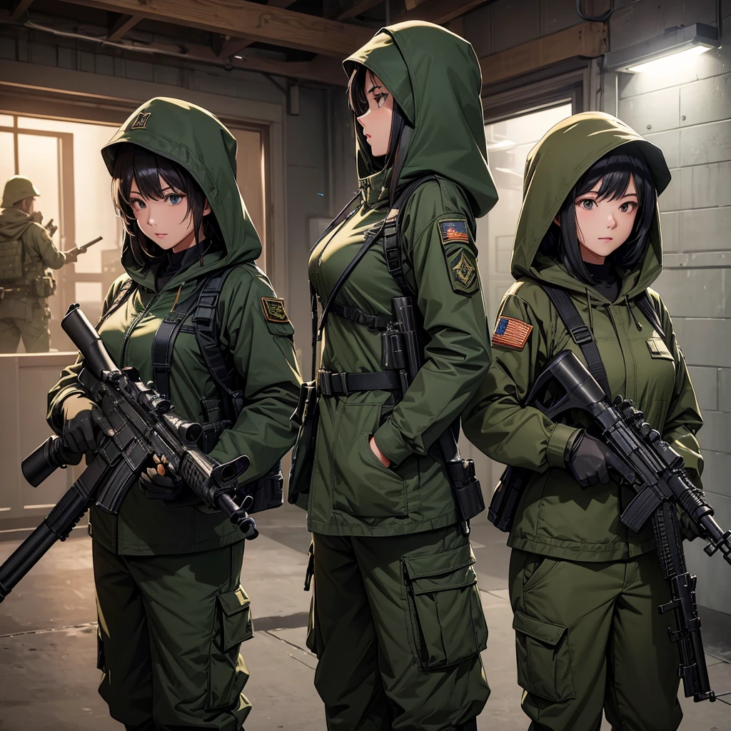Three female soldiers holding submachine guns、Wearing dark green M-51 hooded military uniform、Hooded on head、Military Pants、Full set of individual equipment、Front view、Gun aimed forward、In front of the big iron gate、best quality、Highly detailed CG、8K picture quality、Theatre lighting、lens flare