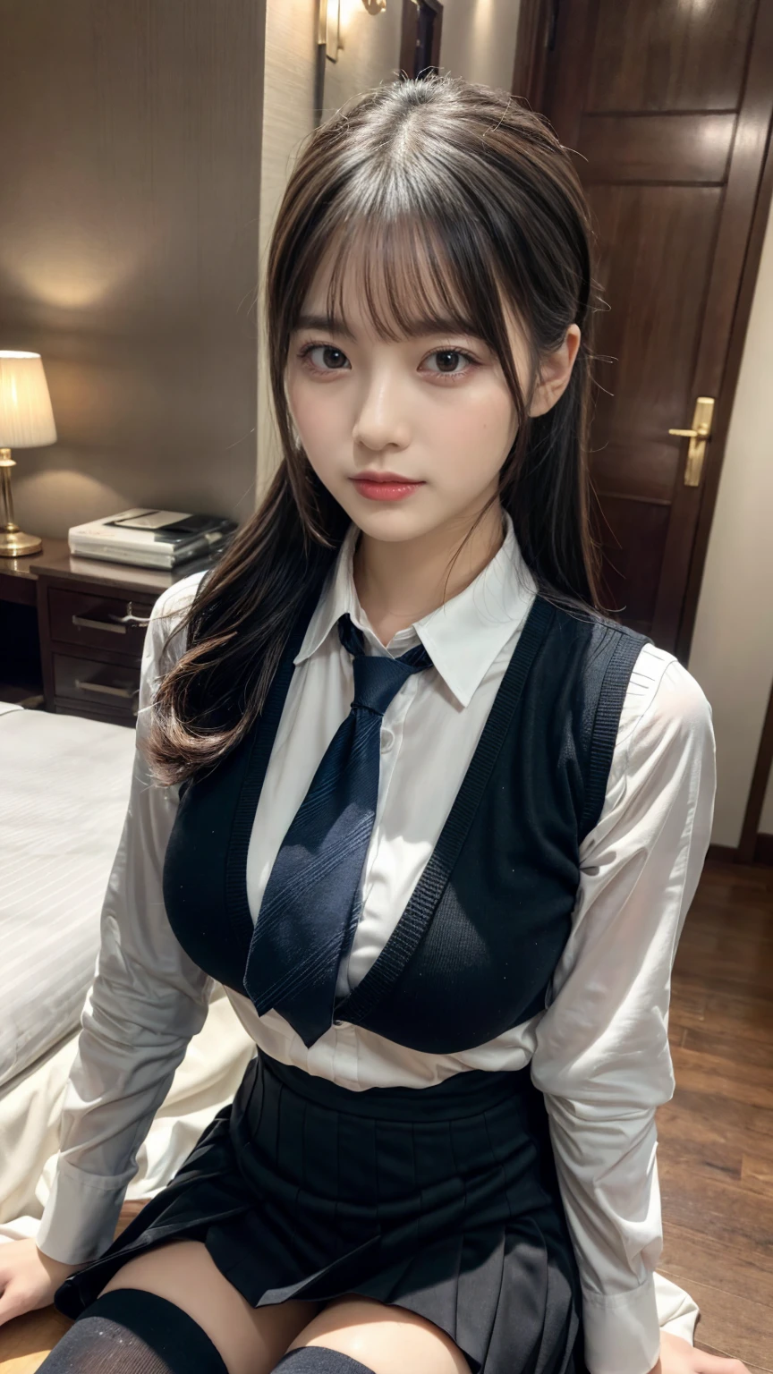 (8K, RAW Photos, Highest quality, masterpiece:1.2), masterpiece, super detailed, super high quality, (Realistic and photorealistic photography:1. 37), High-resolution RAW color photos, Very delicate and beautiful, highly detailed, 8k wallpaper, wonderful, detailed, Very eye, very detailed, very detailed skin, very thin fingers, very detailed nose, very detailed mouth, Perfect Anatomy, BREAK,18 year old girl, (Front view:1.2), ponytail, huge breasts, colossal tits, very huge round breasts, (perfect body shape:1.1), Big Natural Color Lip, cute type, lolita, (Details High quality, realistic depiction of eyes:1.3), Beautiful makeup, glitter makeup, BREAK, skirt, socks, black socks, pleated skirt, kneehighs, white shirt, blue necktie, long sleeves, vest, collared shirt, BREAK, (hotel room:1.1), bold sexy pose