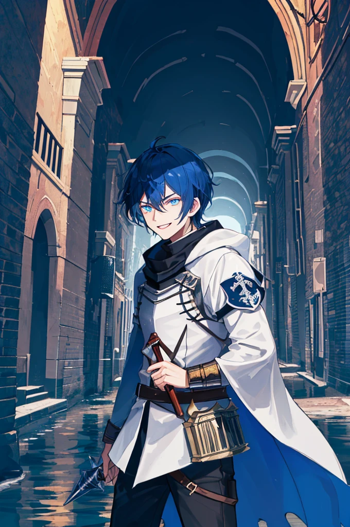 (underground waterway Background), masterpiece, best quality,Illustration, Wallpaper, ultra detail, absurdres, 1man, solo,adult guy, beautiful detailed eyes, cowboy shot, short hair, black knight guy,blue hair, (city background:1.5),( furious),fantasy knight clothes with gold decorations,(adult),(20 years old),smile,detailed background,underground waterway,((dark place)),((dark place)),((dark place)),((dark place)),((Dark underground canals where light does not reach)),