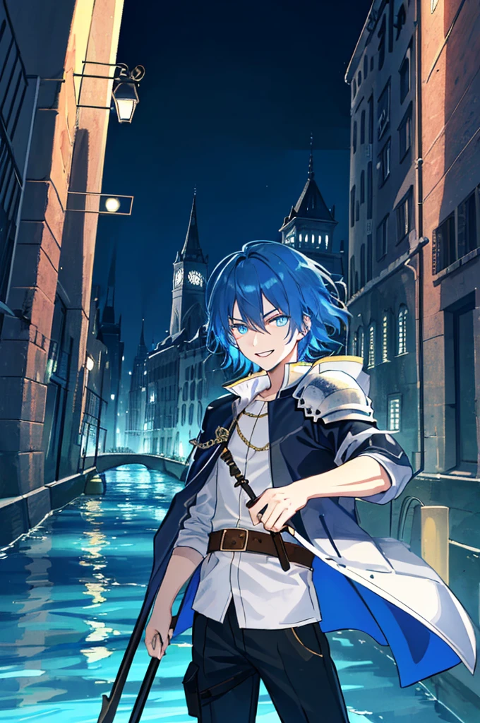 (underground waterway Background), masterpiece, best quality,Illustration, Wallpaper, ultra detail, absurdres, 1man, solo,adult guy, beautiful detailed eyes, cowboy shot, short hair, black knight guy,blue hair, (city background:1.5),( furious),fantasy knight clothes with gold decorations,(adult),(20 years old),smile,detailed background,underground waterway,((dark place)),((dark place)),((dark place)),((dark place)),((Dark underground canals where light does not reach)),