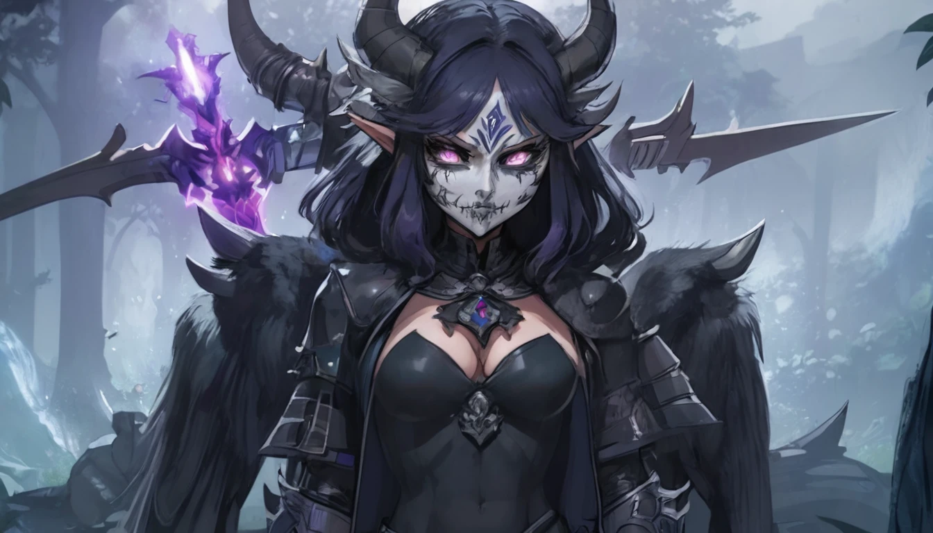 demon mask, sword on the hand,close up, black heavy detailed clothes, strong black/purple colors, hand katana, art, dark and malevolent, hand sword, armor, powerful and intimidating, (masterpiece, best quality, ultra-detailed, best shadow), (detailed background, dark fantasy) dramatic light, intricate details, dark and malevolent, powerful and intimidating, Dark and foreboding, malevolent force, sinister and chilling, armor, high detailed background, girl in demon slayer art, demon slayer art style, epic anime art, God death