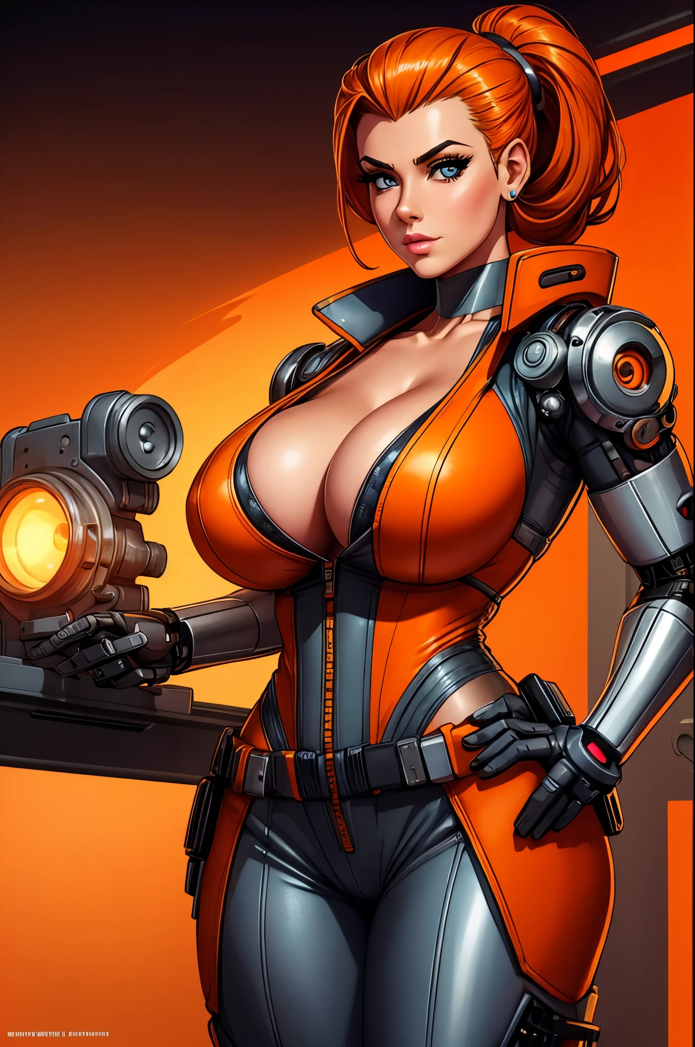 gorgeous female mechanic, atompunk, blank background, retro-futurism, mechanical hand, cybernetic augments, orange jumpsuit, gunmetal grey, cleavage