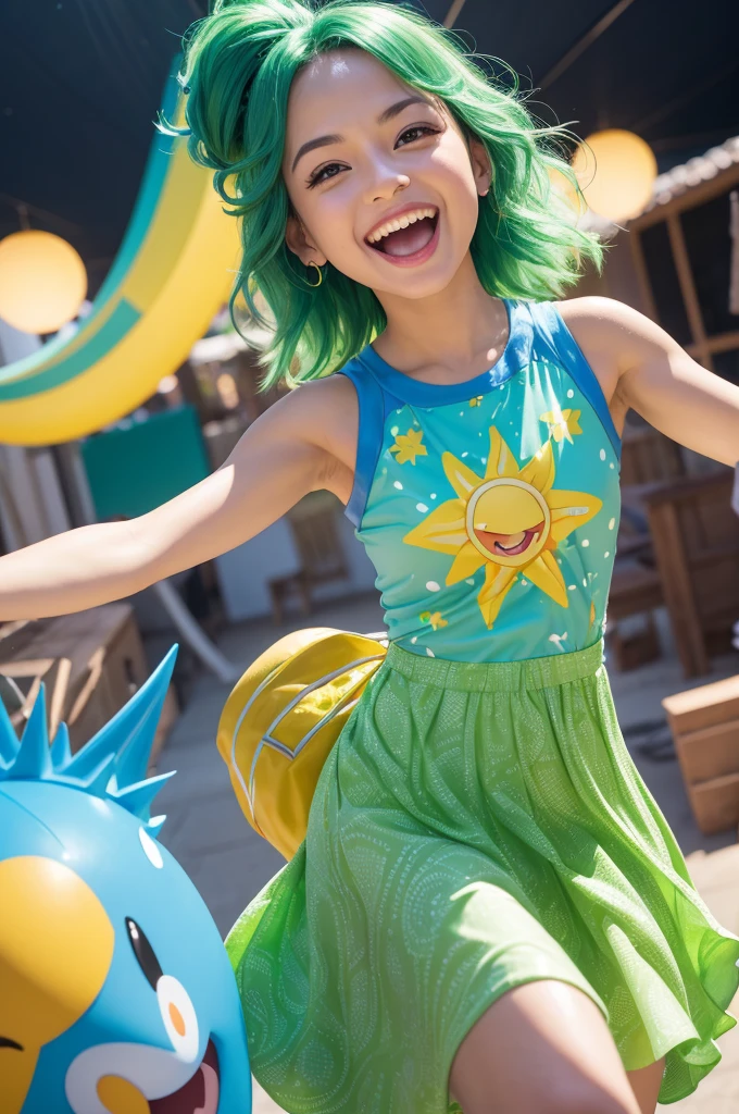 character of the voice actress of miá melo joy from the disney pixar film amusingly She wears a bright green sleeveless dress, with a pattern of stylized sun rays that reflect your optimistic and radiant nature. Alegria has short, spiky hair, bright blue color. Your hair is always messy in a happy and energetic way, reflecting her vibrant personality Alegria is often seen in dynamic and enthusiastic poses.