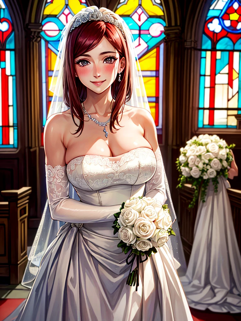 (masterpiece:1.3, top-quality, ultra high res, ultra detailed), (realistic, photorealistic:1.4), beautiful illustration, (natural side lighting, movie lighting), depth of fields,
looking at viewer, bust photo, uzumaki_kushina, big breast ,off shoulder dress,navel, cleavage, belly button,
beautiful hair, beautiful face, beautiful detailed eyes, beautiful clavicle, beautiful body, beautiful chest, beautiful thigh, beautiful legs, beautiful fingers, 
detailed cloth texture, wedding princess dress, head flower, headdress, (bandeau wedding dress:1.5), (silk dress:1.2), (strapless wedding dress:1.5), 
plain white dress, necklace, earring, cleavage, bouquet, (lace gloves:1.2), (bridal veil:1.2), (short transparent veil:1.2), 
(beautiful scenery), evening, crystal clear sunlight, (church, stained glass) walking, (happy smile, blush), 