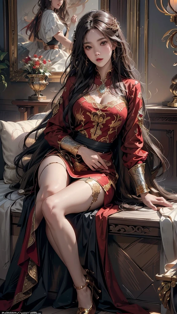 ((Masterpiece, Highest quality)), detailed face, character design sheet，full body, full of details, Various gestures and expressions, Highly detailed, Depth, many parts，beautiful woman，Cinematic lighting，glowing，red and gold，Phoenix decoration，light yarn，lace，ถุงน่องlace，high-heels