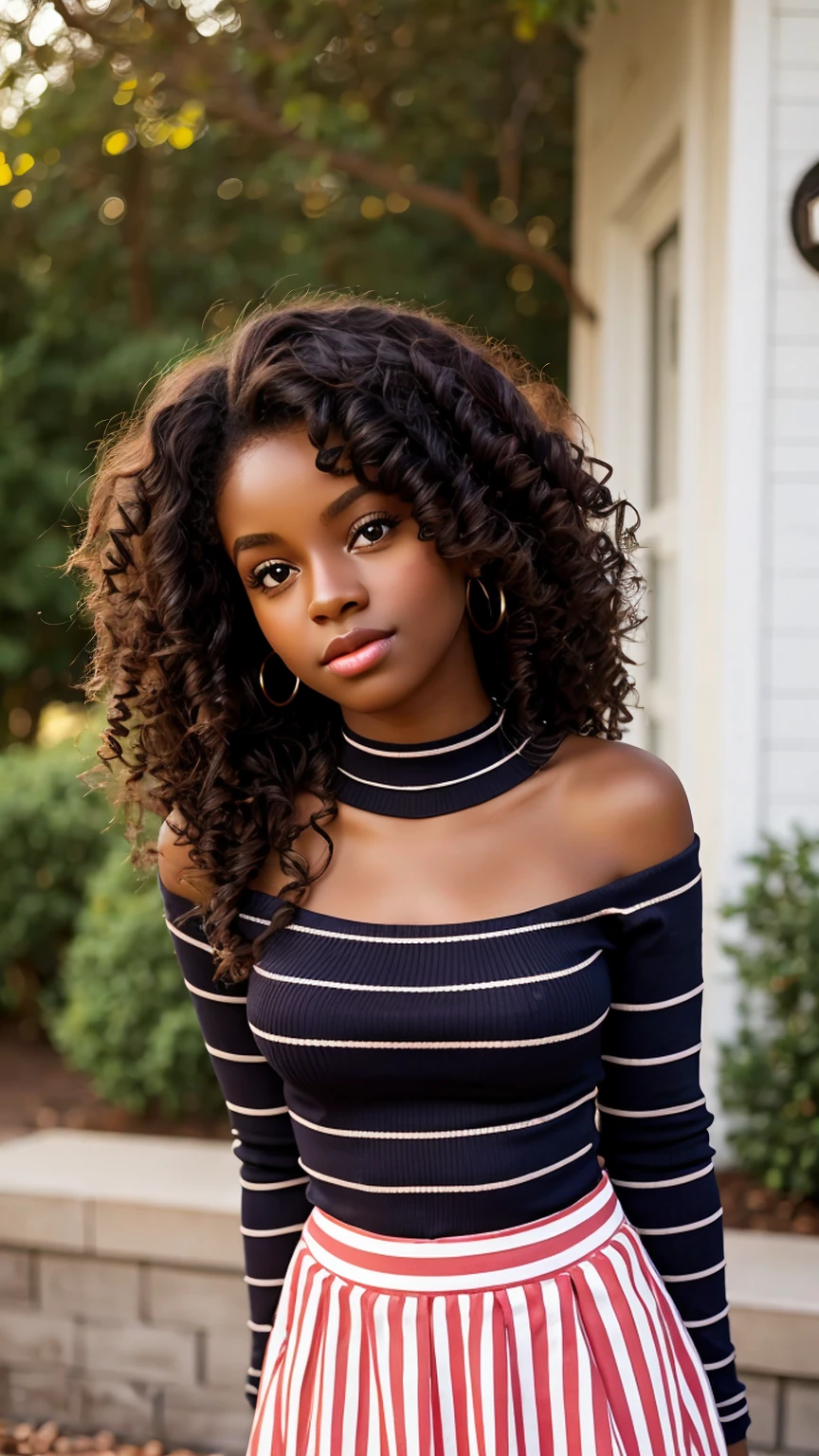 Dark skin girl 19 big brown eyes a heart shape face full lips height 5'3 long Curly hair Long-Sleeve Round Neck Striped Crop Knit Shrug and skirt