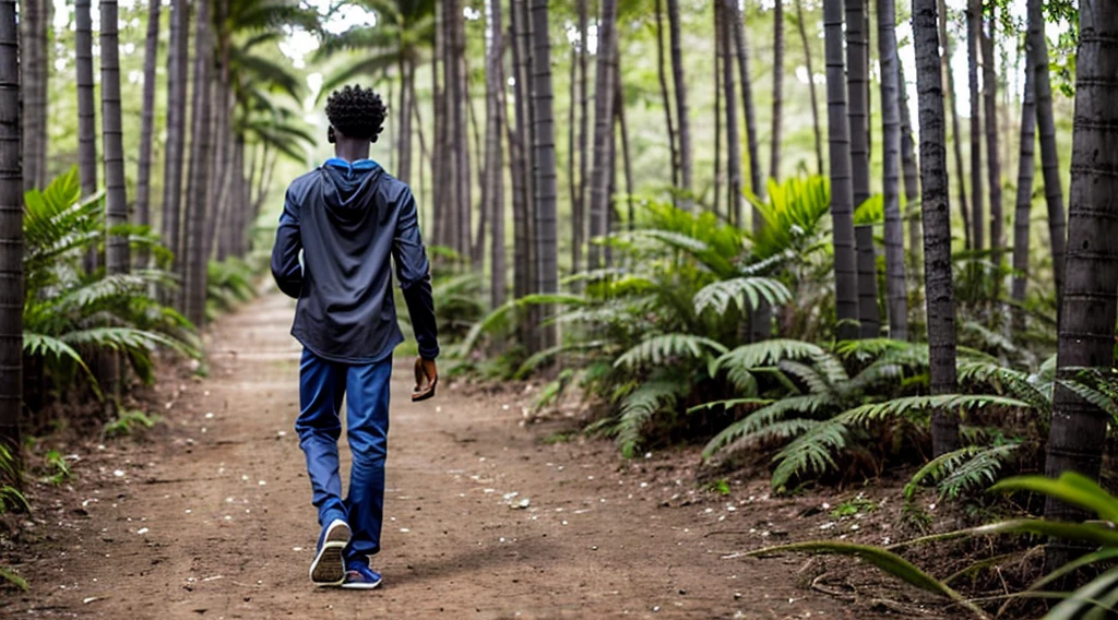 image of a black male ager, 12 yearing a dark gray long-sleeved shirt = no pattern - short curly hair - long pants and straw sandals, - running with his back to the camera - alone in the forest - a Blue morpho butterfly - vbamboo forest