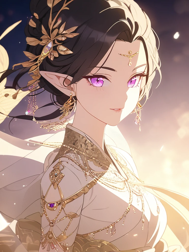 1woman, jeweler, elven, black hair, bangs, elegant hairstyle, gems colour eyes, luxury white, elegant, traditional thai costume,