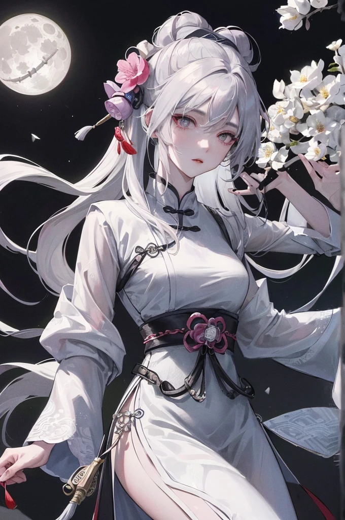 Masterpiece, Best, Night, Full Moon, 1 Female, Mature Woman, Chinese Style, Ancient China, Elder Sister, Royal Sister, Cold Face, Expressionless, Silver White Long Haired Woman, Pale Pink Lips, Calm, Intellectual, Three Belts, Gray Hitomi, assassin, dagger, flower ball background, street view