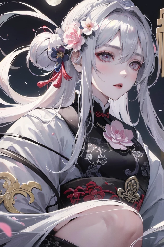 Masterpiece, Best, Night, Full Moon, 1 Female, Mature Woman, Chinese Style, Ancient China, Elder Sister, Royal Sister, Cold Face, Expressionless, Silver White Long Haired Woman, Pale Pink Lips, Calm, Intellectual, Three Belts, Gray Hitomi, assassin, dagger, flower ball background, street view