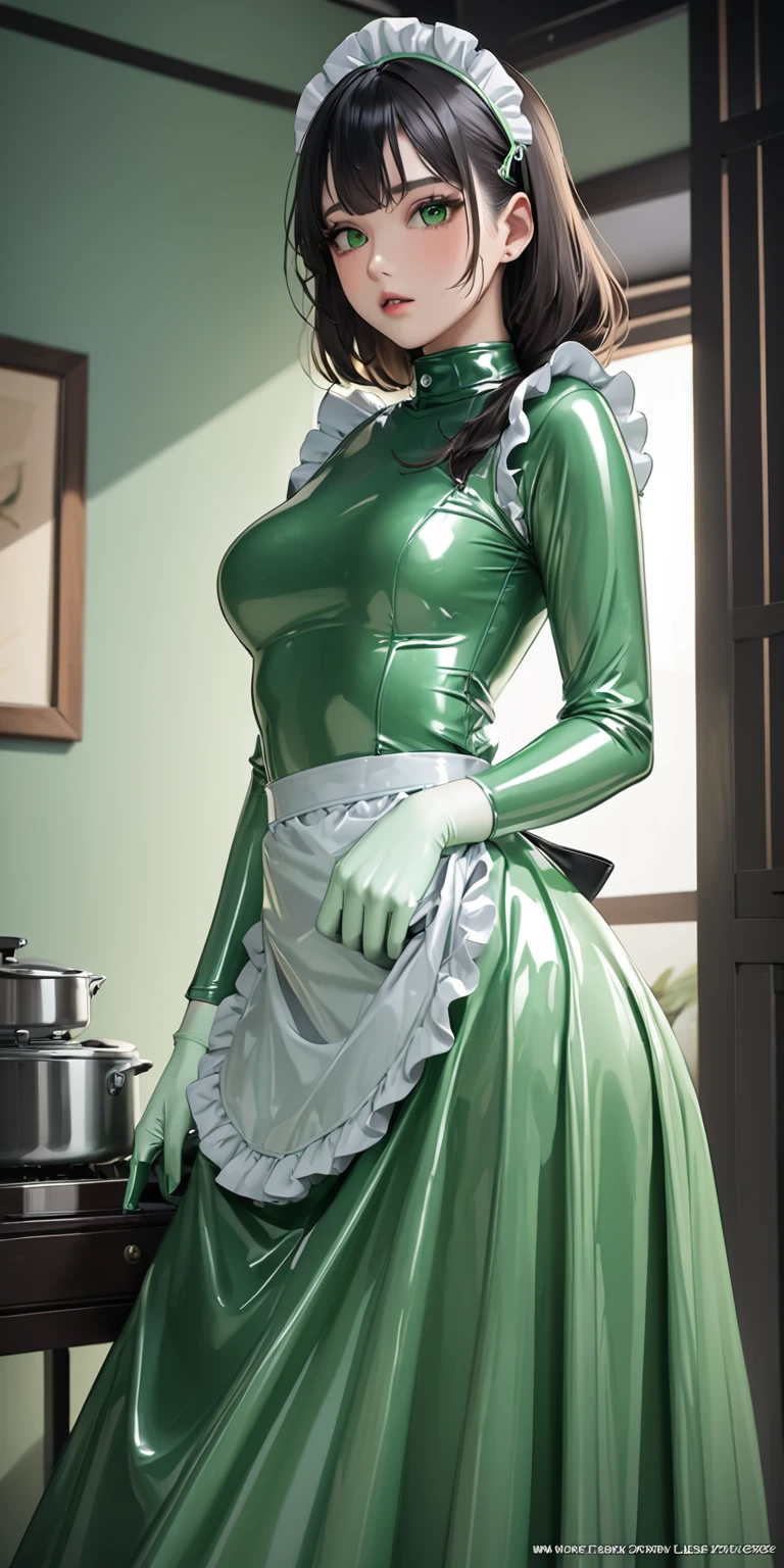 Portraiture、(masterpiece,Highest quality,Ultra-high resolution),Japanese women, (((Very beautiful 25 year old girl))),(Pale green latex maid outfit)、(Pale green latex long skirt)、(A long-sleeved latex shirt that covers the upper body)、Pale green latex gloves、Pale green latex socks、Pale green latex bodysuit、Frills、Pale green latex apron that fits snugly from the chest down、Latex is very shiny、Dark Room、