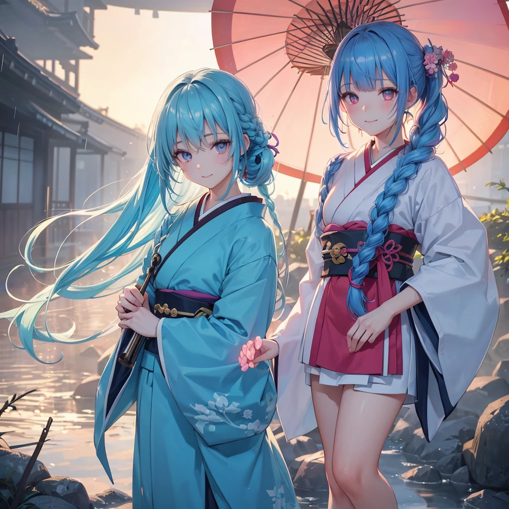 sky Blue hair, (braided ponytail),(pink eyes),fair skin ,(full body),(1 girl),smile,Straight Bangs,(masterpiece, best quality, ultra-detailed, best shadow), (detailed background), (beautiful detailed face), high contrast, (best illumination, an extremely delicate and beautiful), ((cinematic light)), colorful, hyper detail, dramatic light, intricate details,bright,rain shower,kyoto,Japanese Umbrella,