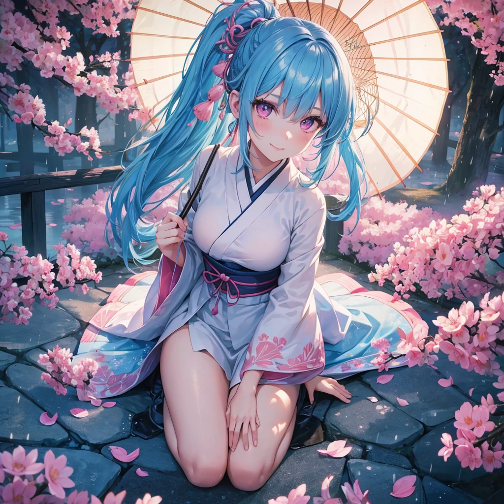 sky Blue hair, (braided ponytail),(pink eyes),fair skin ,(full body),(1 girl),smile,Straight Bangs,(masterpiece, best quality, ultra-detailed, best shadow), (detailed background), (beautiful detailed face), high contrast, (best illumination, an extremely delicate and beautiful), ((cinematic light)), colorful, hyper detail, dramatic light, intricate details,bright,rain shower,kyoto,Japanese Umbrella,