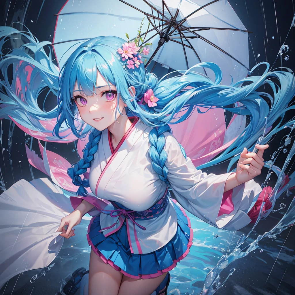 sky Blue hair, (braided ponytail),(pink eyes),fair skin ,(full body),(1 girl),smile,Straight Bangs,(masterpiece, best quality, ultra-detailed, best shadow), (detailed background), (beautiful detailed face), high contrast, (best illumination, an extremely delicate and beautiful), ((cinematic light)), colorful, hyper detail, dramatic light, intricate details,bright,rain shower,kyoto,Japanese Umbrella,