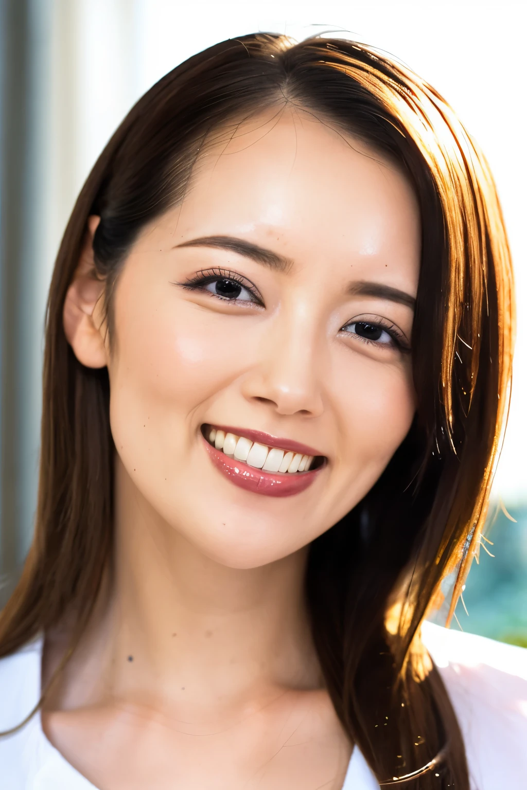 (Tabletop、Highest quality、、Award-winning works、Ultra-high resolution)、Face close-up、Perfect beautiful face、(Pure white background:1.1)、T-Shirts、perfect beautiful teeth、smile、Accurate anatomy、Ultra HD Perfect Skin
