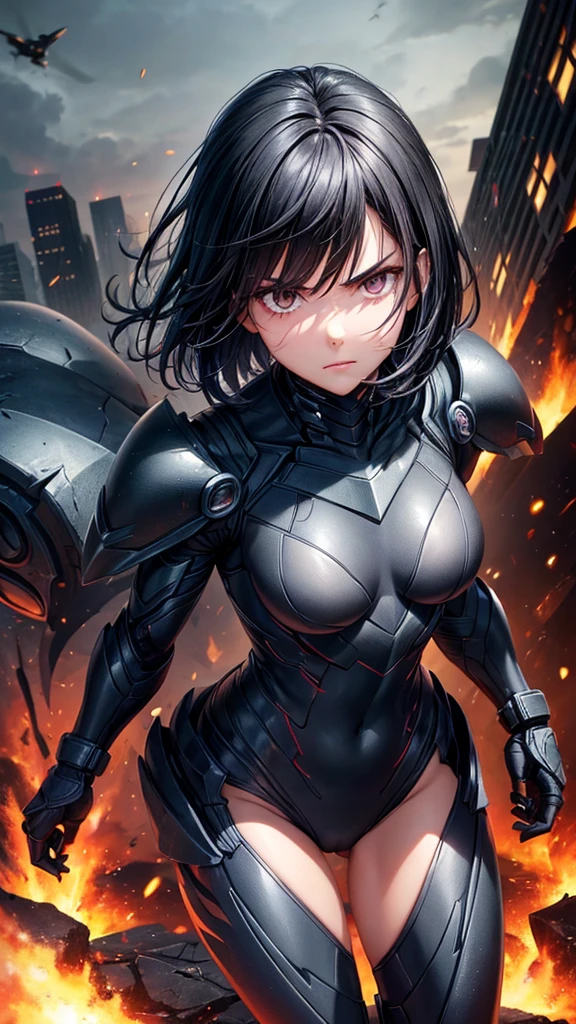 ((Best quality))((realistic))((full body))((face detail))A girl. Short black hair. Dark Venom suit . dark. City destruction. Symbiotic . Battle . Chaos . Serious.Damage suit .