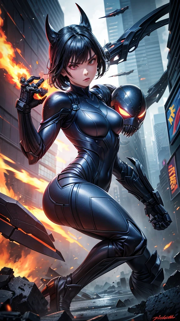 ((Best quality))((realistic))((full body))((face detail))A girl. Short black hair. Dark Venom suit . dark. City destruction. Symbiotic . Battle . Chaos . Serious.Damage suit .