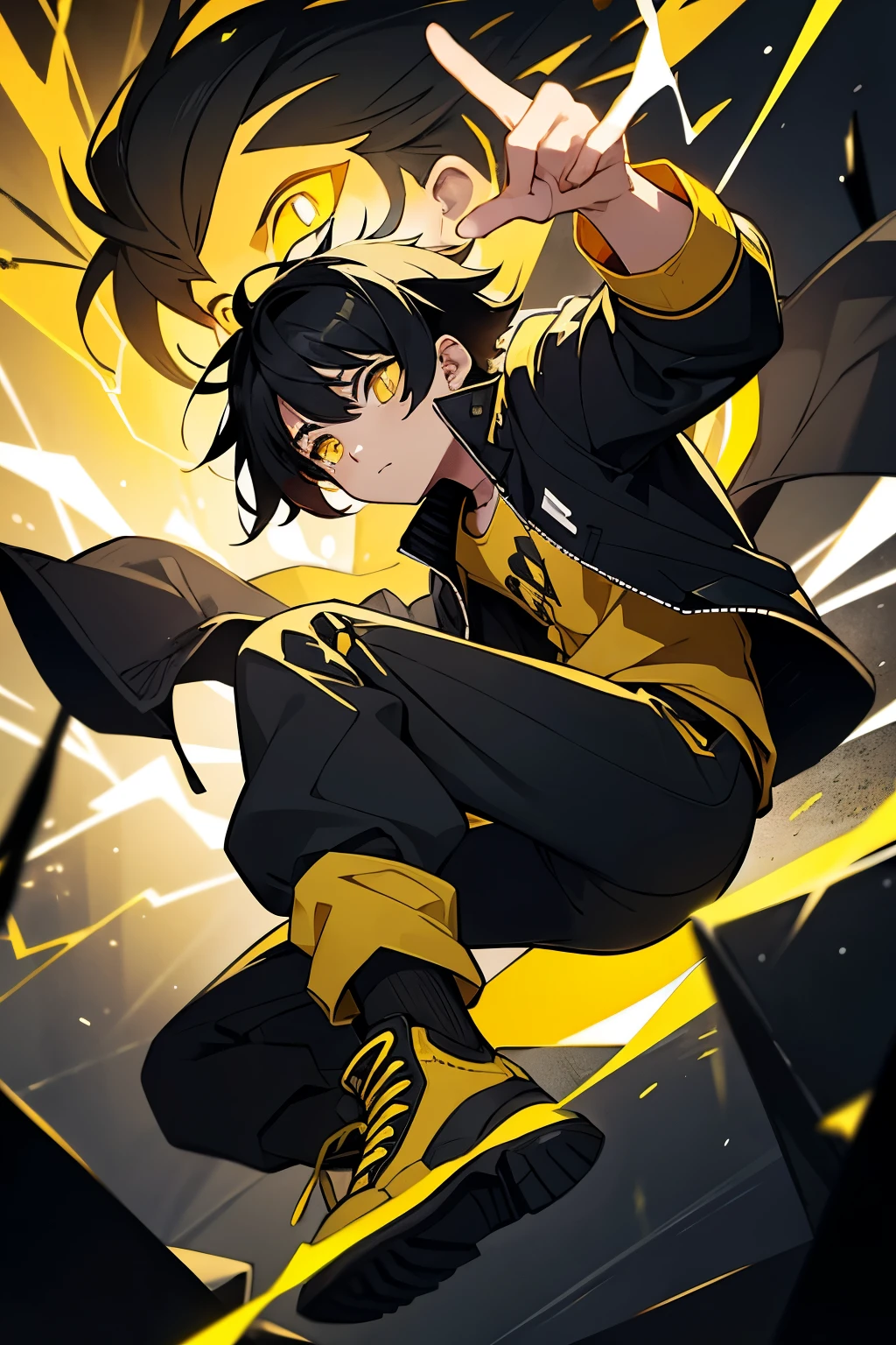 Young Male, black hair with yellow highlights, yellow eyes, black long-sleeved shirt, black jacket with yellow detail, black sweatpants, yellow boots, manipulating electricity with his hand, night