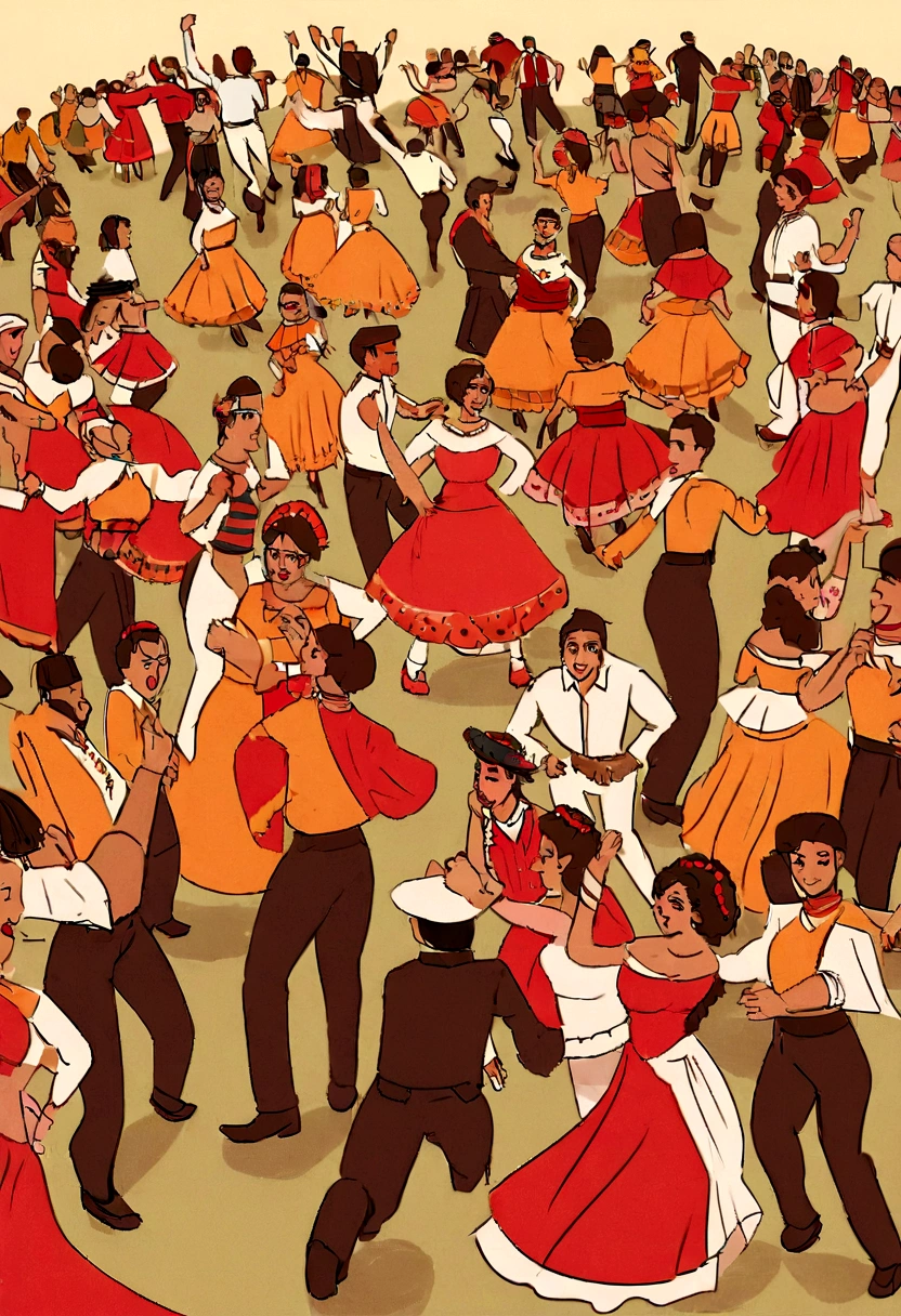 there are many people dancing in a square with a crowd of people, people dancing in background, people dancing, crowd of cool people dancing, dancing people, folklorico, mexico, salsa social dance, by Gina Pellón, by Ceferí Olivé, by Ingrida Kadaka, by Juan O'Gorman, karla ortiz, salsa dancing