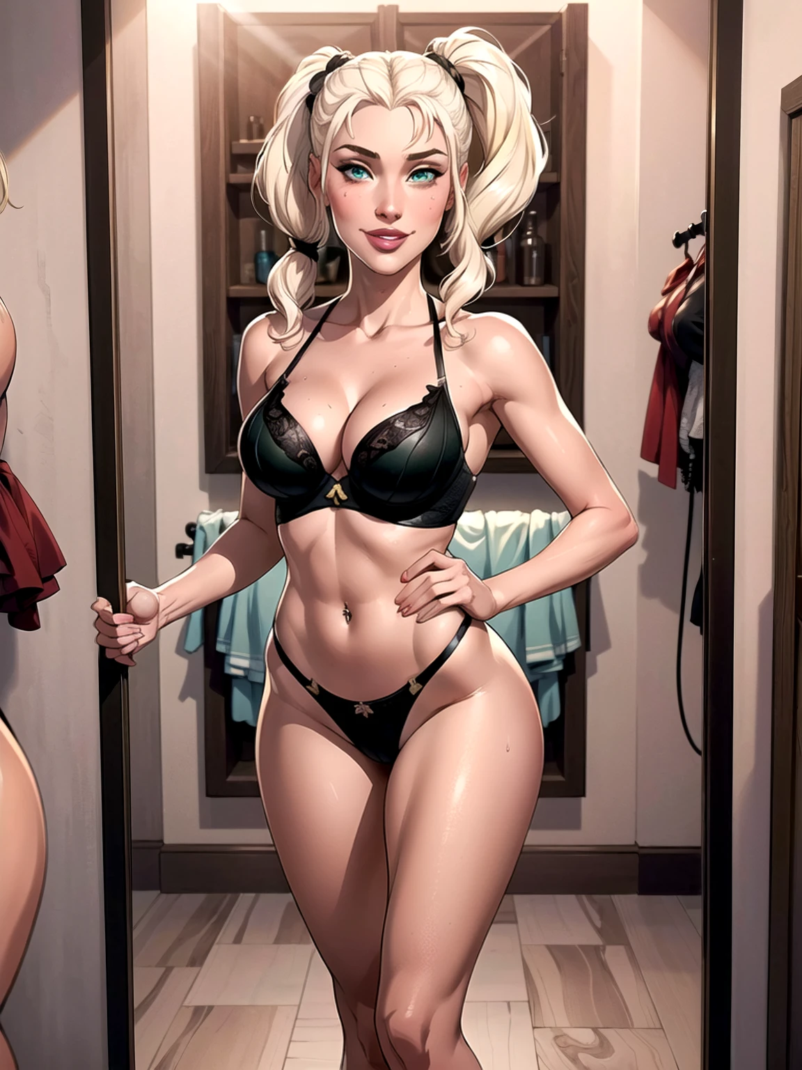 ((ultrahigh resolution, great quality)), (((8k, photo and raw, best quality, masterpiece, hyperrealistic))), incredible, extremely detailed, sharp focus, real person, only one girl, ((1 very girl attractive and beautiful)), (((((Lena Paul's facial features))))), (((((Lena Paul's face))))), (((((long platinum blonde hair with a pigtail))))), ((((green eyes)))), Detailed face, ((twenty one years)), ((model body, sexy body, slim body)), ((((Arafed Woman in the fitting room of a clothing store taking a selfie while trying on very sexy underwear, taking a selfie, in the changing rooms of an expensive clothing store, playboy photo style, captivating and tempting, posing smiling, Lena Paul, Realistic, sensual look, sexy, Instagram model, Sensual, sexy smile, sensual posing, natural pose, happy and sexy expression, goddess, perfect physical proportions, standing, hands behind the back)))), ((beautiful smile, sexy smile)), ((perfect mouth)), ((perfect legs)), navel piercing, (Beautiful face), sinuous look, sexy look, half smile, stitching, smooth skin, ((detailed skin)), cinematic lighting, ((perfect detailed and pretty eyes)), ((Highly detailed body, perfect body measurements)), ((detailed and tempting lips)), (((((medium breast))))), ((marking body clothes, Marked breasts, Generous cleavage)), 1 navel, rosy cheeks, ((Juicy and sexy lips, perfect lips)), naughty smile, wild and sexy hair, Full body view, ((masterpiece)), (((best quality))), (((ultra high))), (((hyperrealistic))), (((photorealistic))), Highly detailed CG unit 8k wallpaper, shot style, complex, High detail, Dramatic, Highest Quality Movie Still Image, Masterpiece, Best Quality, Realistic Ultra Detailed Rendering Style, ((Natural Light)), Crisp Characte, DSLR, Fujifilm XT3, intricate details, natural photography