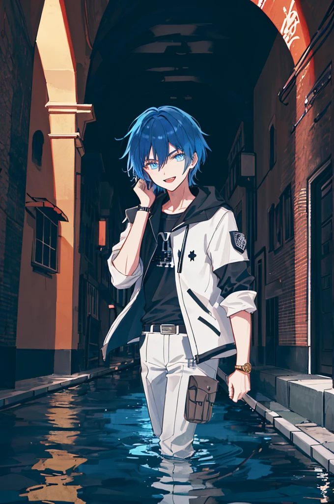 (underground waterway Background), masterpiece, best quality,Illustration, Wallpaper, ultra detail, absurdres, 1man, solo,adult guy, beautiful detailed eyes, cowboy shot, short hair, black knight guy,blue hair, (city background:1.5),( furious),fantasy knight clothes with gold decorations,(adult),(20 years old),smile,detailed background,underground waterway,((dark place)),((dark place)),((dark place)),((dark place)),((Dark underground canals where light does not reach)),